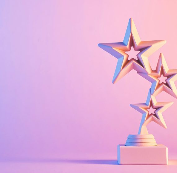 Three star trophy award on gradient pink background